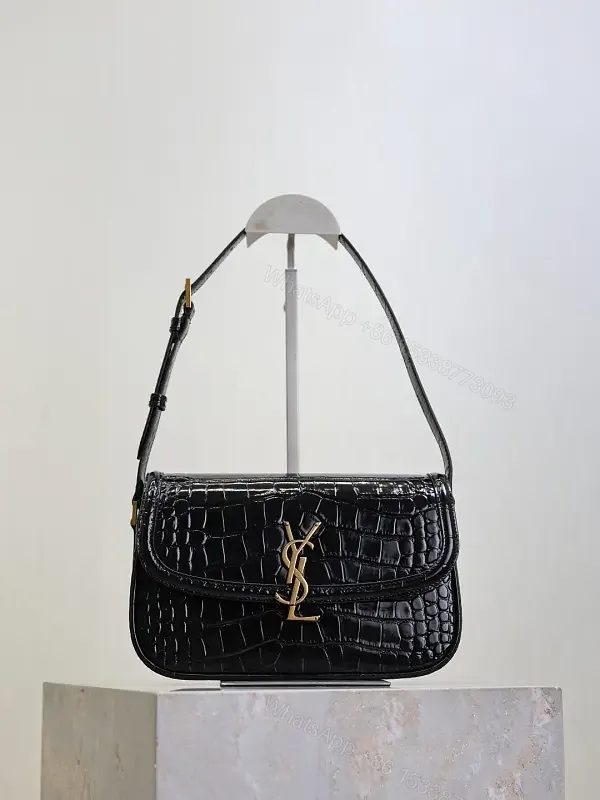 View 1 of Crocodile-Texture Leather Shoulder Bag with Gold Hardware
