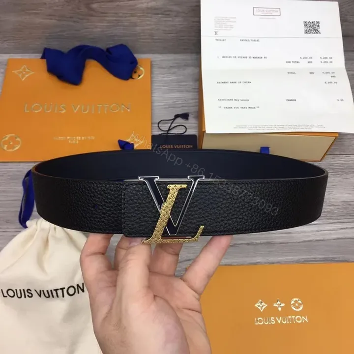 View 1 of Premium Black Pebbled Leather Belt with Gold LV-Inspired Buckle