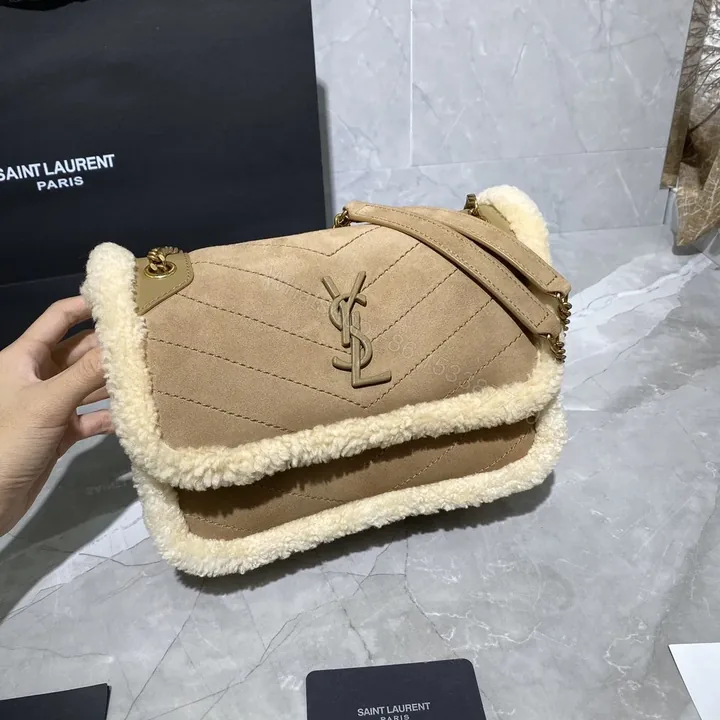 View 1 of Saint Laurent Medium Niki Shoulder Bag in Tan/Cream Nubuck and Shearling Brown Beige