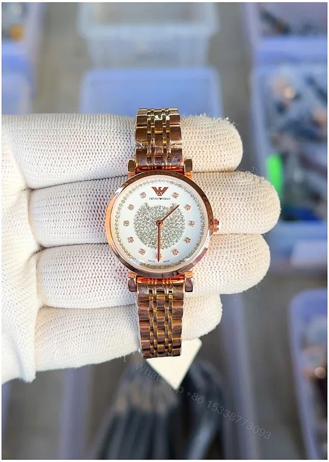 View 1 of First Copy Emporio Armani Rose Gold White Dial Diamond Marker Women’s Analog Watch