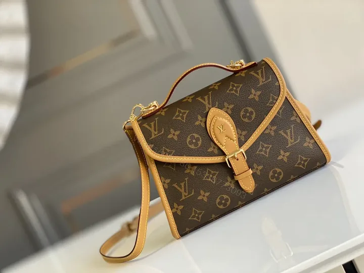 View 1 of Louis Vuitton-inspired Monogram Crossbody with Tan Leather Trim