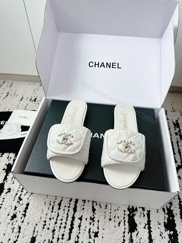View 1 of White Bouclé Slip-Ons: Luxe Chanel-Esque Comfort Slides
