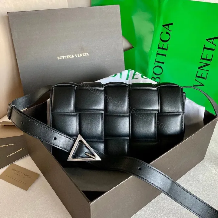 View 1 of Bold Black Leather Padded Belt Bag - Modern Geometric Hardware