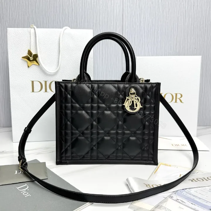 View 1 of Black Quilted Mini Tote - Leather, Gold Charm, Structured, Compact Carryall