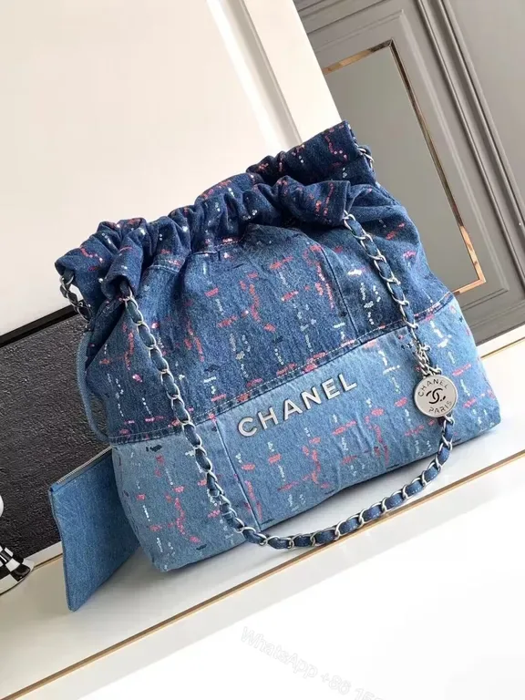 View 1 of Denim-Texture Chanel-Inspired Drawstring Bag, Everyday Luxury