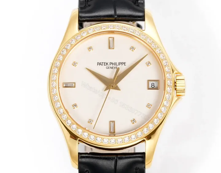 View 1 of Patek Philippe Calatrava Diamond Watch Gold Case Leather Strap Ultimate 37MM PP-CALA-DIA-GOLD37