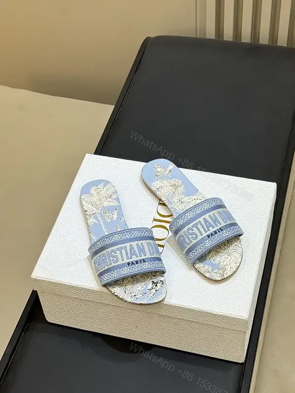 View 1 of Blue Denim Slide Sandals Palm Print Christian Dior Style Logo Strap Sandals