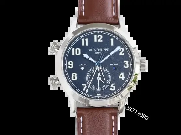 View 1 of Patek Philippe Calatrava Pilot Travel Time Watch Ref. 5524 Rose Gold and Blue Dial Dual Time Zone Leather Strap