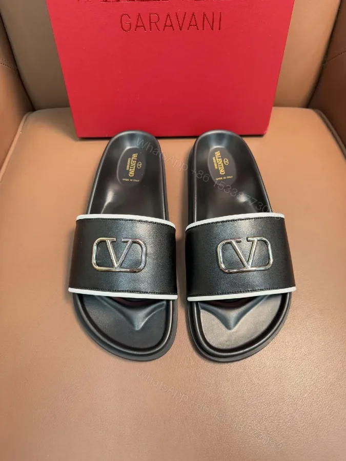 View 1 of Black Leather Slide with Contrast piping, Comfort, Designer-Inspired Slide