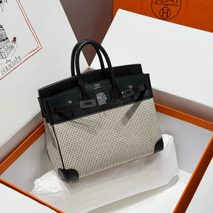 View 1 of Hermes BIRKIN 25CM IN BLACK SWIFT WHITE BLACK PLAID TOILE CANVAS (CUSTOM-MADE)