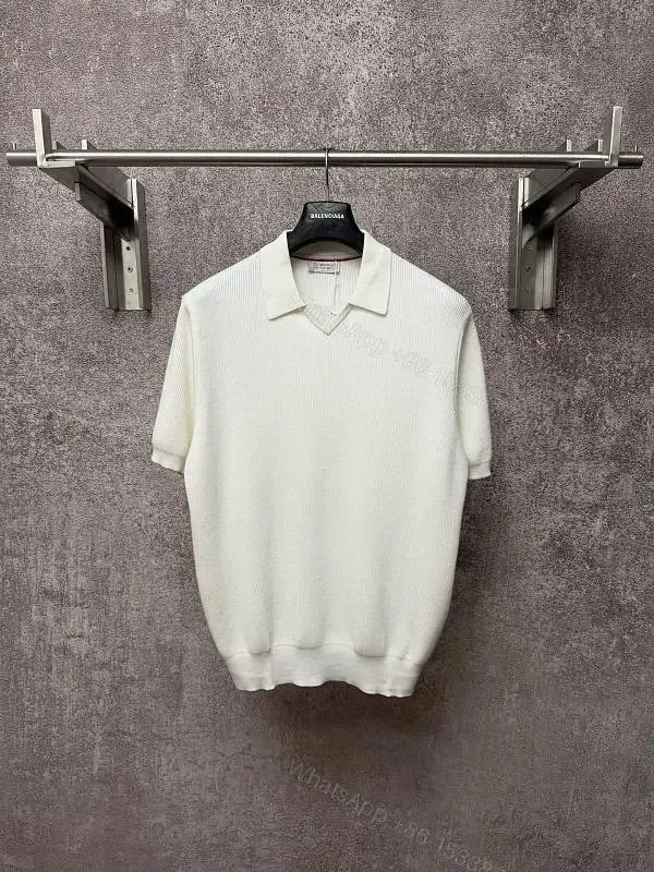 View 1 of Off-White Cream Ribbed Knit Polo Sweater, Short Sleeve, Drop-Shoulder