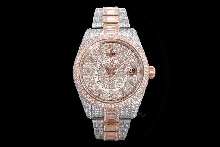 View 1 of Rolex Sky-Dweller Rose Gold Diamond Replica 42MM Exclusive Full Pavé Two-Tone Bracelet RG-ROLEX-SKYDWELLER-ROSEGOLD-42
