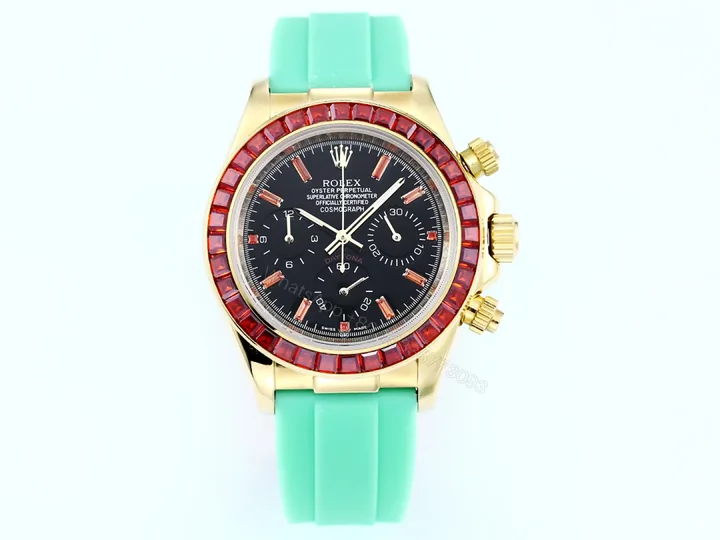 View 1 of Rolex Daytona Ruby Mint Strap Replica 43MM Exclusive Gold Case Edition RG-ROLEX-DAYTONA-RUBY-MINT-43