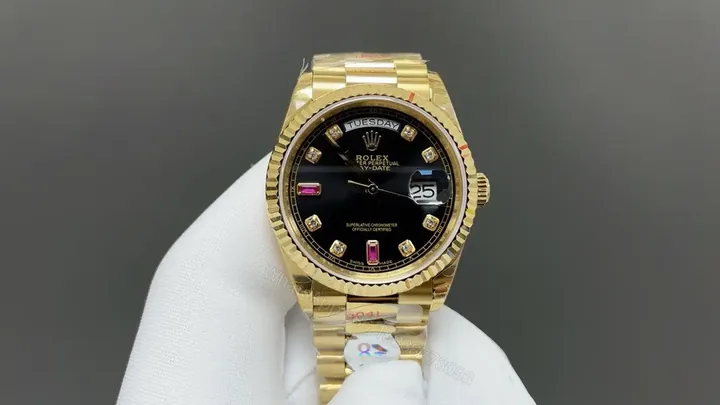 View 1 of Rolex Day-Date 36 Yellow Gold Fluted Oyster Black Diamonds Rubies 118238-0396