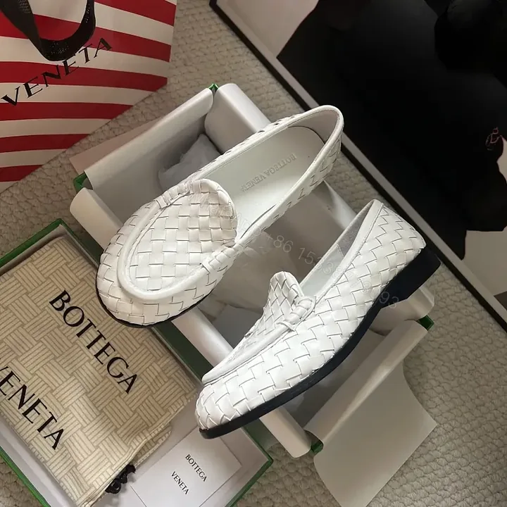 View 1 of White Leather Woven Loafers, Slip-On Style, Bottega Inspired Shoes