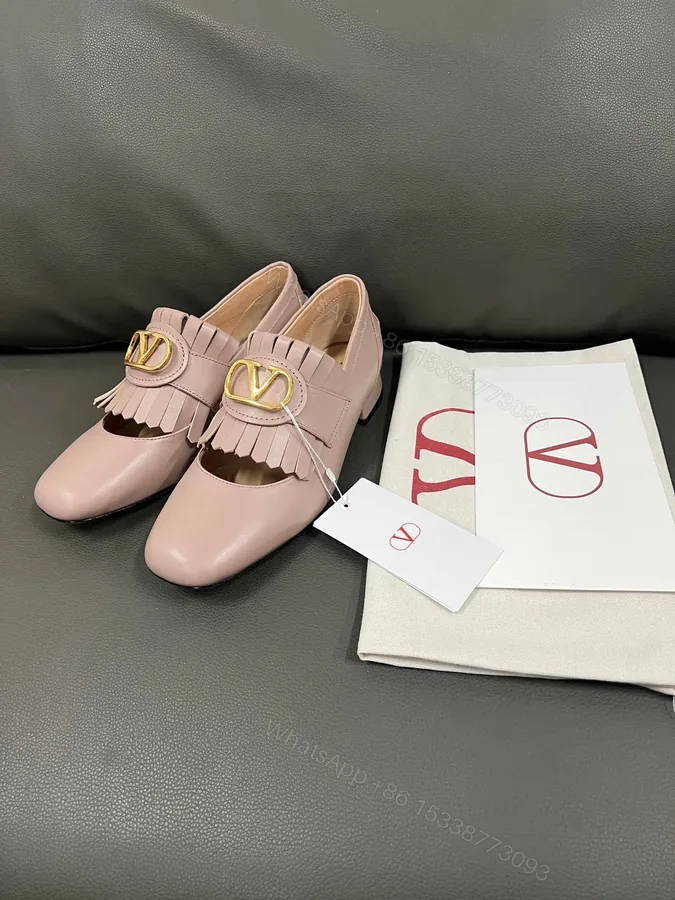 View 1 of Valentino Women Pink Leather Fringe Loafers