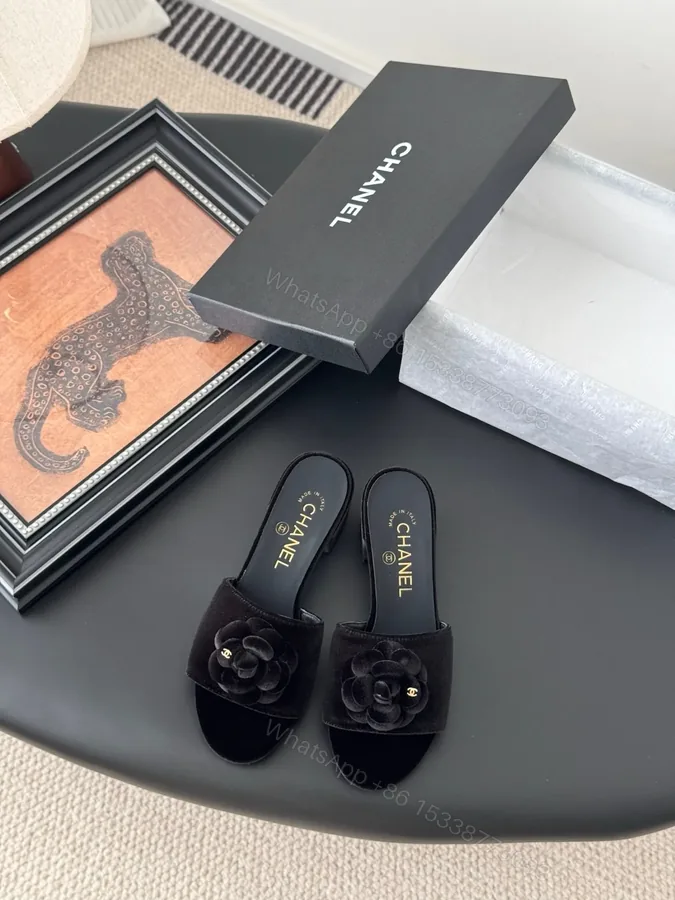 View 1 of Chanel Women Black Velvet Flower Embellished Mules