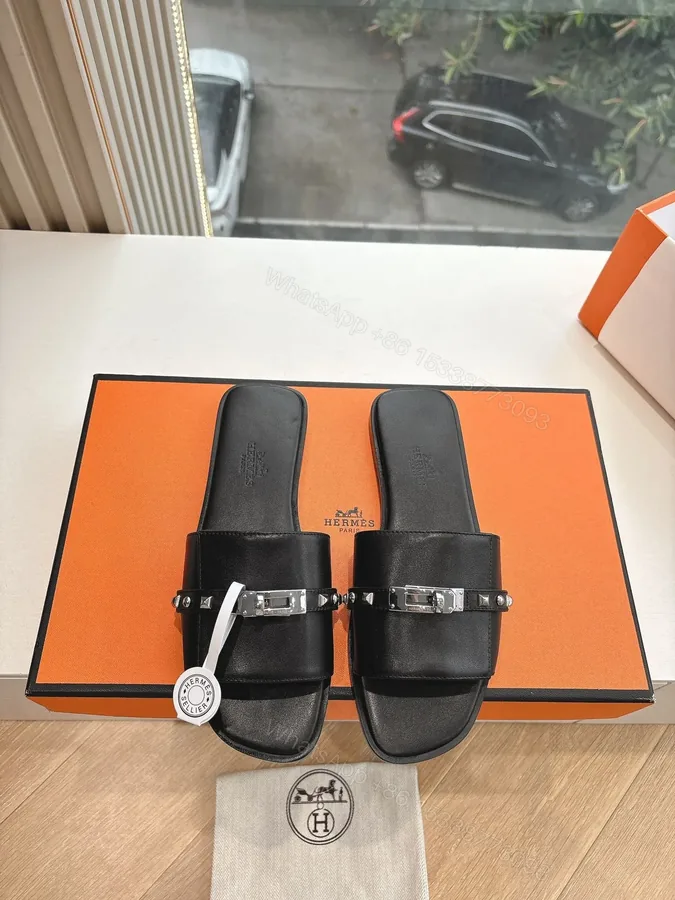 View 1 of Hermes Women Black Leather Slide Sandals
