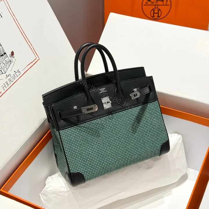View 1 of HERMES BIRKIN 25CM IN BLACK SWIFT BLACK/MINT/BLANC TOILE CANVAS (CUSTOM-MADE)