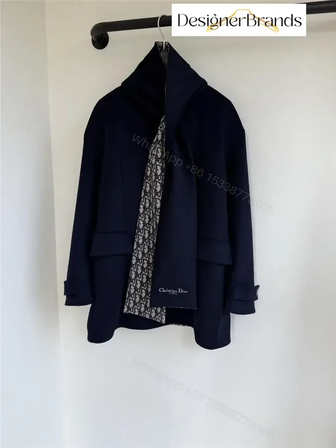 View 1 of Navy Wool-Blend Coat: Structured, Hidden Scarf Lining