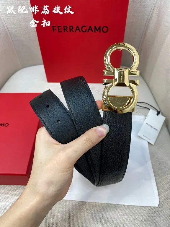 View 1 of Bold Texture Black Leather Belt with Gold Ferragamo Hardware
