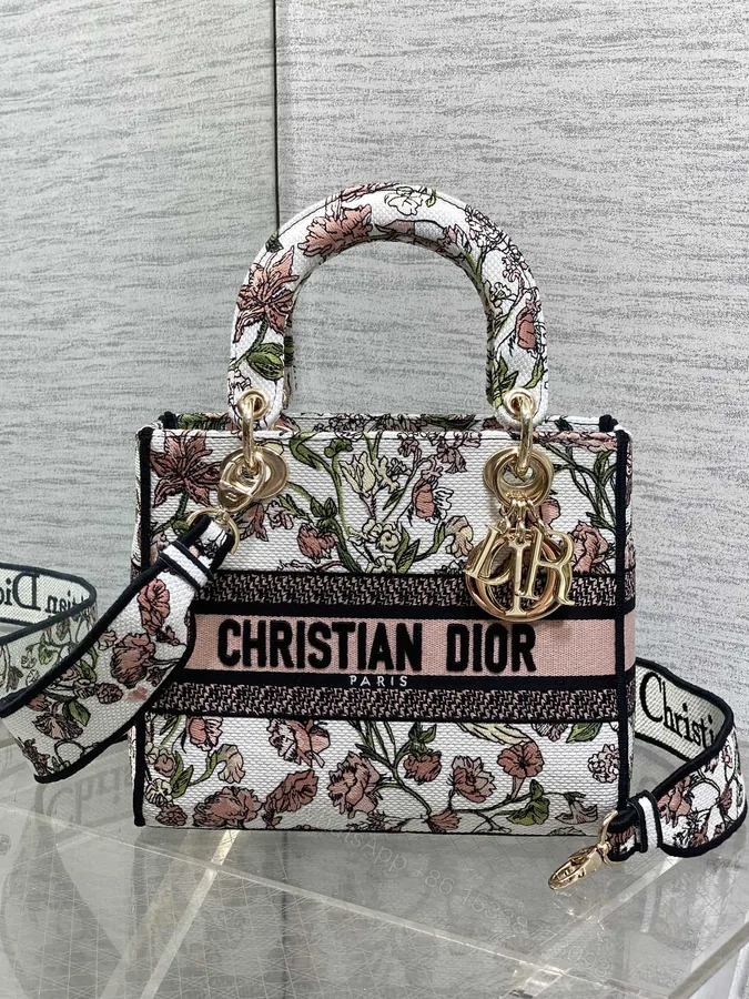 View 1 of Dior高仿花卉托特包 白底粉綠刺繡 女士氣質百搭設計