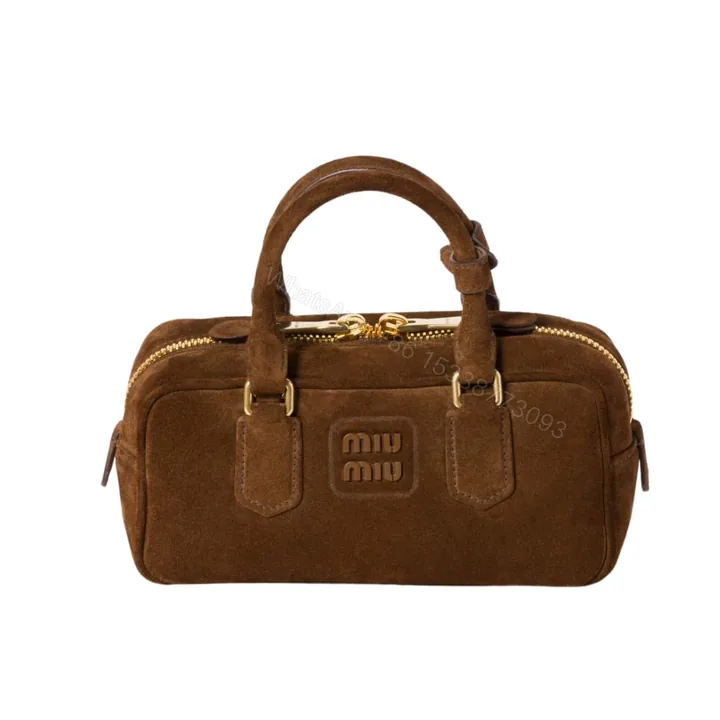 View 1 of MIUMIU ARCADIE PADDED SUEDE TOP HANDLE BAG COCOA BROWN 23CM 5BB142 2CS4 F0324 V OON