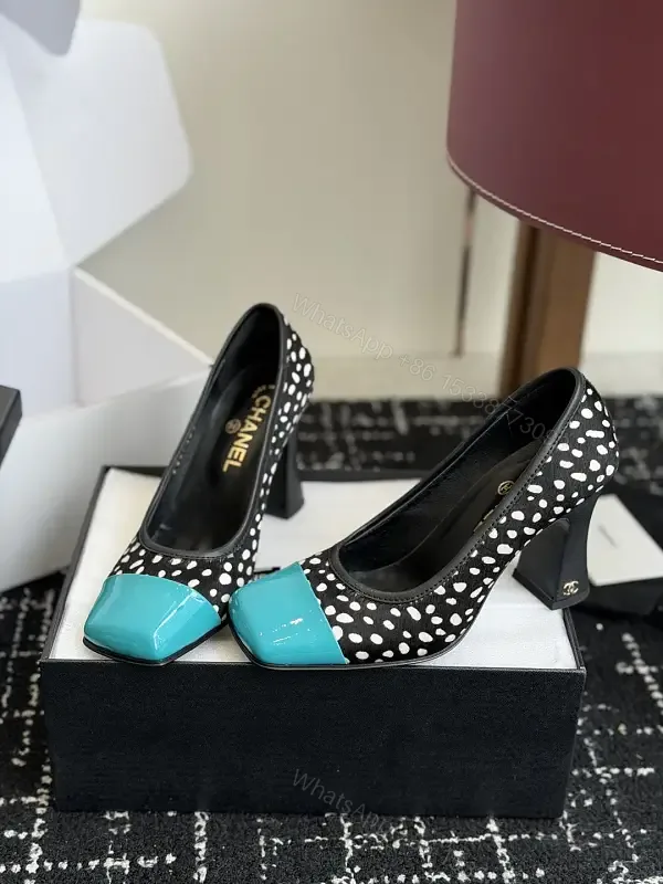 View 1 of Black/White Polka Dot Heels with Turquoise Cap Toe, Block Heel Style, Chanel-inspired, Pump