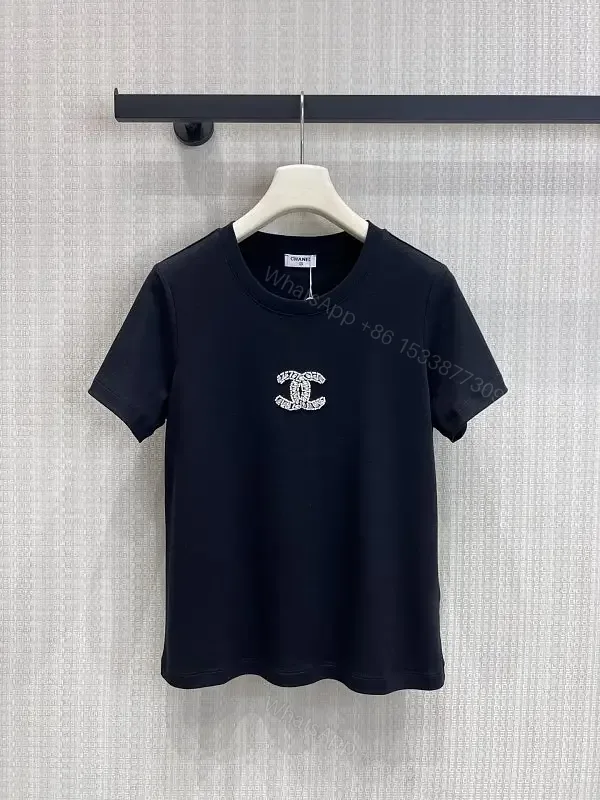 View 1 of Black Cotton T-Shirt with Embroidered Logo Chanel Style Tee