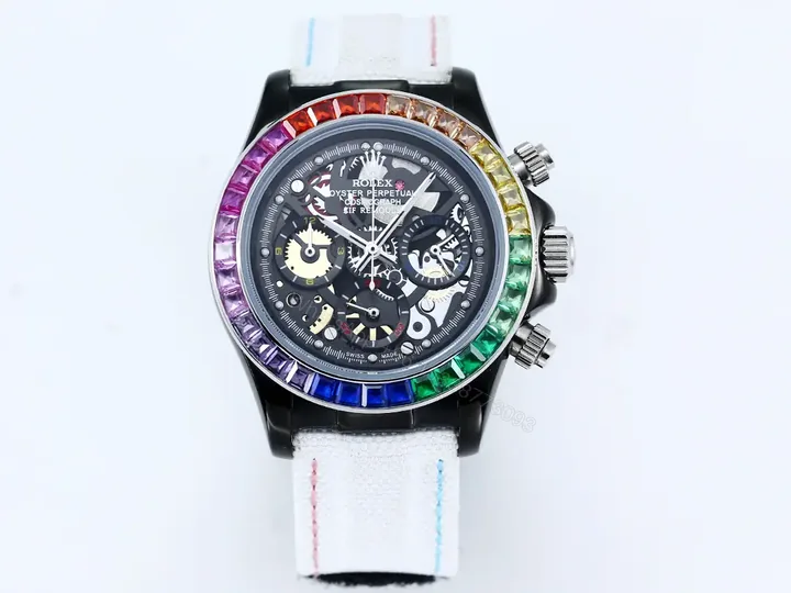 View 1 of Rolex Daytona Rainbow Skeleton White Strap replica 43MM Fabric Strap Edition RG-DAYTONA-RAINBOW-SKELETON-WHITE-STRAP-43