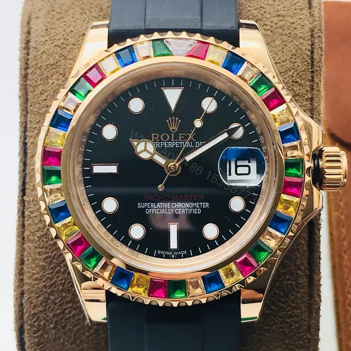 View 1 of Rolex Yacht-Master Black Dial Everose Gold Rainbow Gem-Set Bezel Premium Edition ROL-YM-BLK-EVG-RBW
