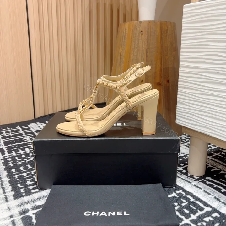 View 1 of 高仿Chanel*25C系列G46109B小羊皮高踭涼鞋米黃8.8CM免檢版