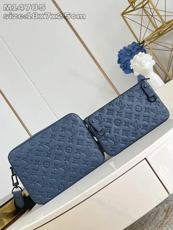 View 1 of Blue Monogram Wallet-on-a-Strap: Compact, Multi‐Compartment Leather-style