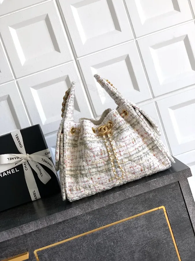 View 1 of Chanel-Inspired Tweed Handbag with Gold Hardware