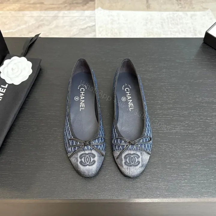 View 1 of Denim-Texture Ballet Flats with Subtle Motif, Flat Style