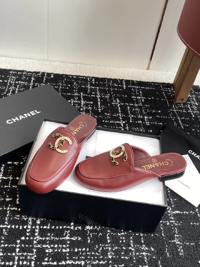 View 1 of Red Leather Mule, Gold Chain, Slip-On Chic, All-Day Comfort, Mule