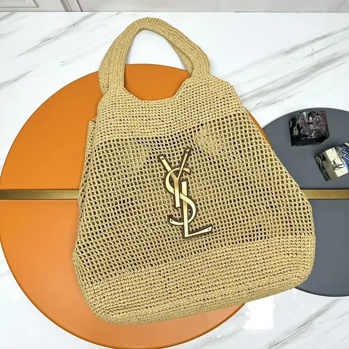View 1 of Beige Crochet Tote: Logo-Emblem Everyday Luxury Carryall