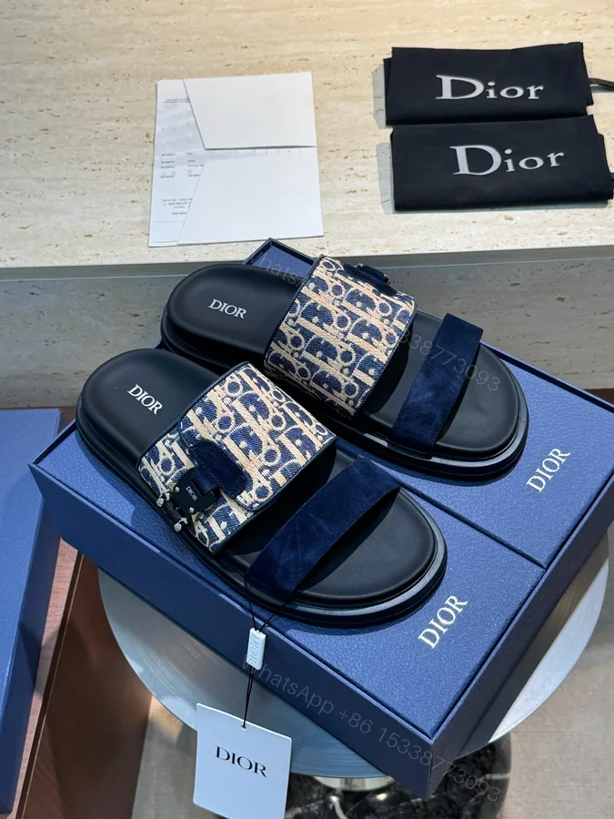 View 1 of Dior 一比一 男款藍米緹花拼接拖鞋 雙帶潮流款