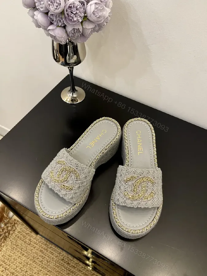 View 1 of Neutral Textile Slip-Ons with Gold-Chain Edge
