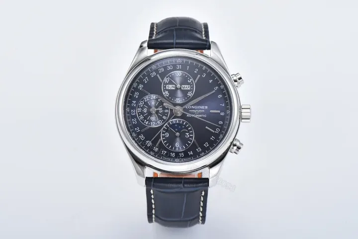 View 1 of Longines Master Collection Moonphase Chronograph Watch 42mm Blue Dial Stainless Steel Case Leather Strap