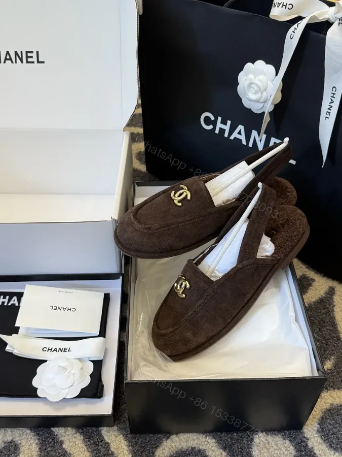 View 1 of Brown Suede Mule with Gold Logo Hardware – Slip-On Luxury Style