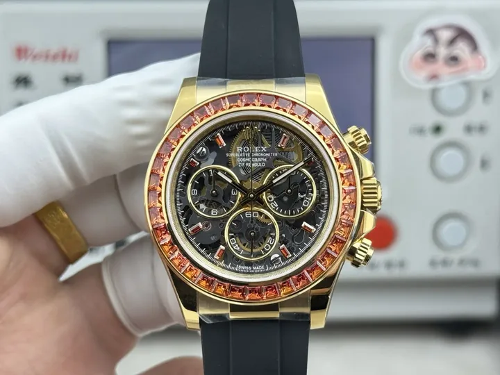 View 1 of Premium Rolex Daytona Corona Skeleton Yellow Gold replica 40MM Black Rubber Strap Edition RG-DAYTONA-116588SACO-CORONA-YG-RUBBER