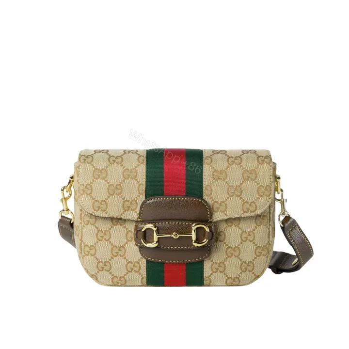 View 1 of Gucci Horsebit 1955 Small Shoulder Bag GG Canvas Sand And Brown 21cm