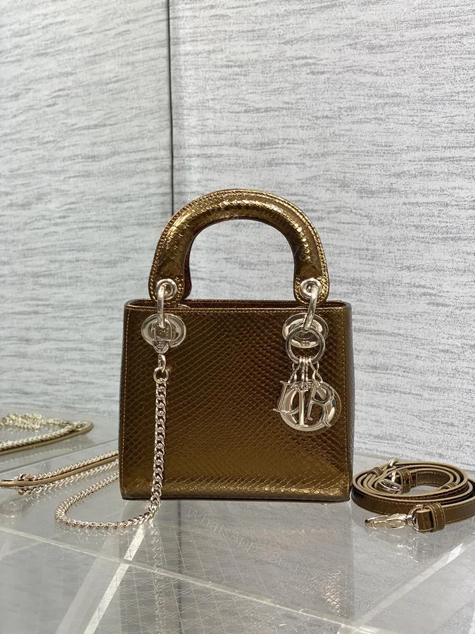 View 1 of Dior 一比一 女款 Lady 咖啡金亮面手提包 氣質百搭款