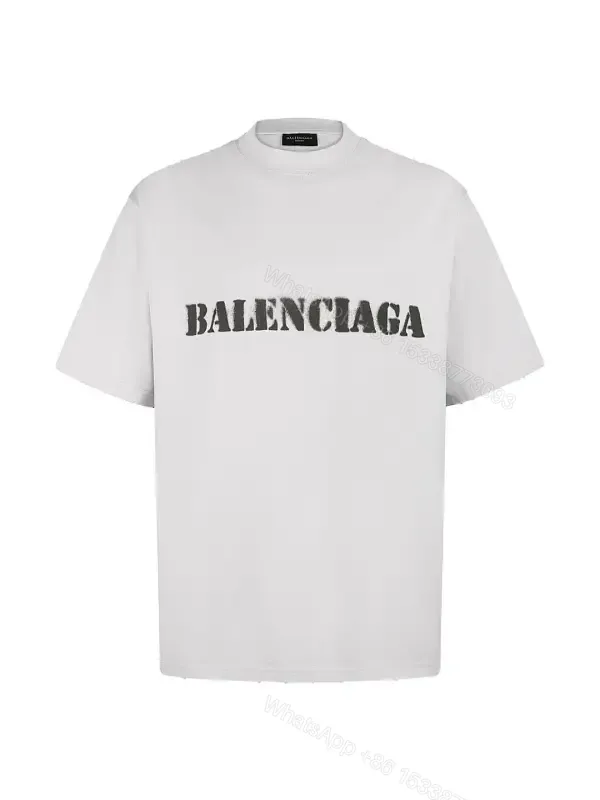 View 1 of White Distressed BALENCIAGA Logo Tee Loose-fit Crewneck Short Sleeve T-shirt
