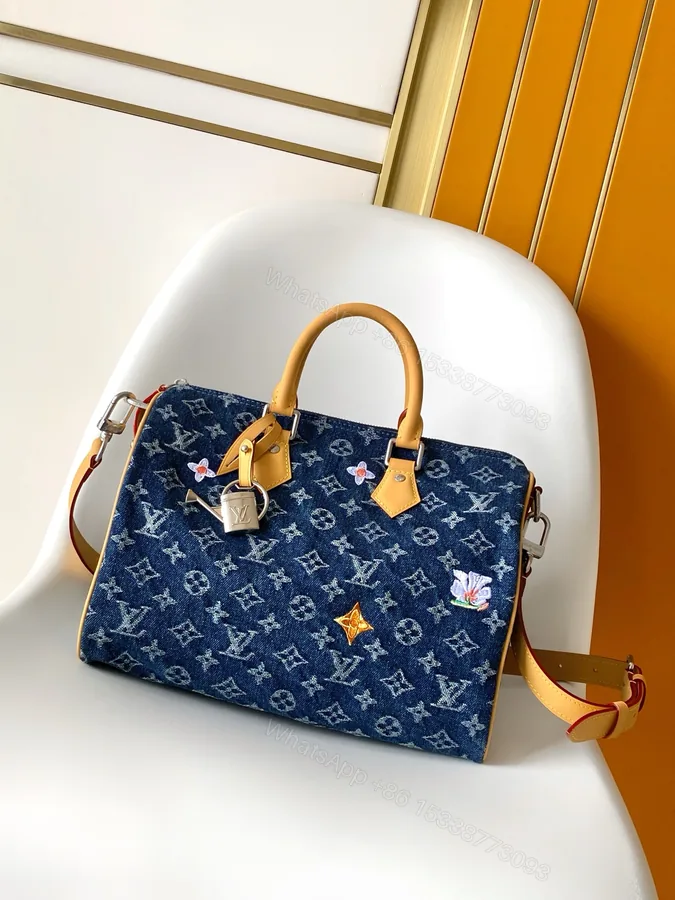 View 1 of LV 高仿女款 牛仔刺繡 Speedy 手提斜背包 花卉點綴款