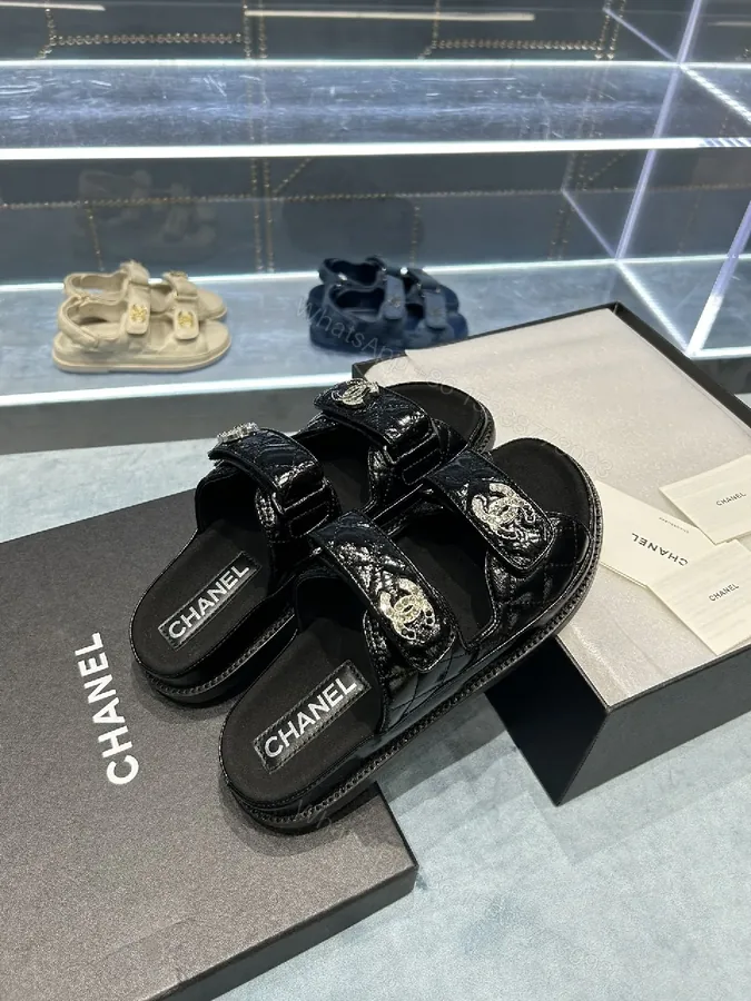View 1 of Black Crystal-Accent Sandals with Comfort Footbed, Patent Straps, Versatile Style