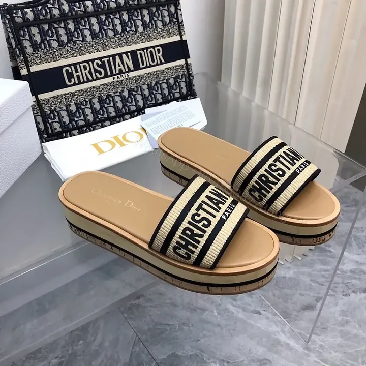 View 1 of Beige Leather Canvas Slip-Ons Dior-Style Logo Strap Sandals