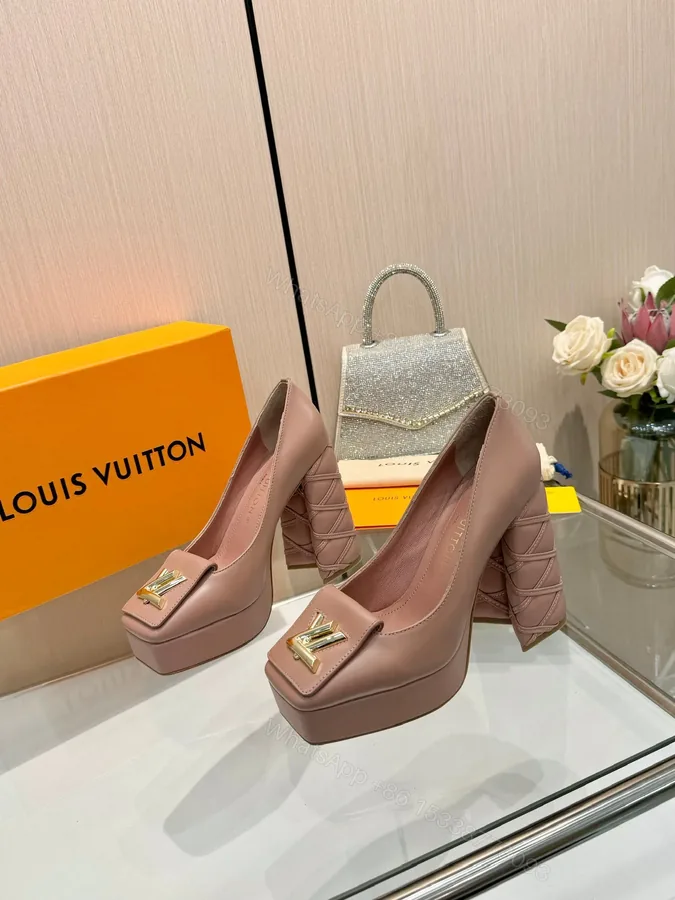 View 1 of LV Women Pink Leather Quilted Block Heels