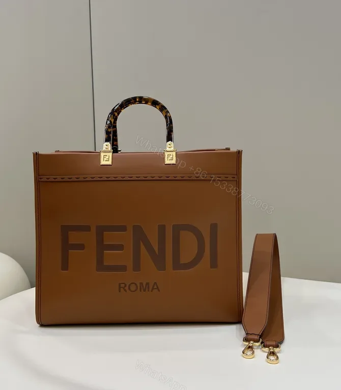 View 1 of Structured Cognac Leather Tote: Bold FENDI ROMA Logo, Premium Structure
